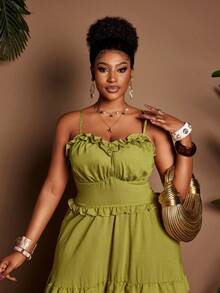 Maweii 度假风荷叶边下摆大码连衣裙 - 綠色 - 查看 2