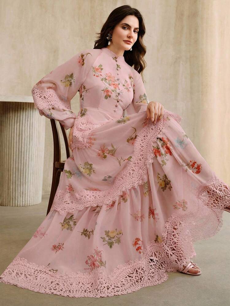 Women's Elegant Floral Print Patchwork Long Sleeve Dress With Ruffled Hem