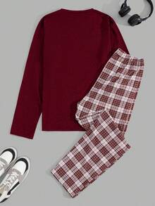 EURMUSE Men Letter Printed Long Sleeve Regular T-Shirt And Pants Loungewear Set - Red - View 2
