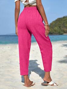 SHEIN Plus Size Casual Tropical Solid Color Pants Vacation Beach Formal Mint Green Autumn - Hot Pink - View 2