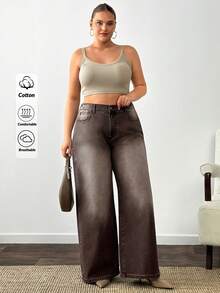 SHEIN 100%纯棉高腰休闲阔腿牛仔裤 - 棕色 - 查看 3