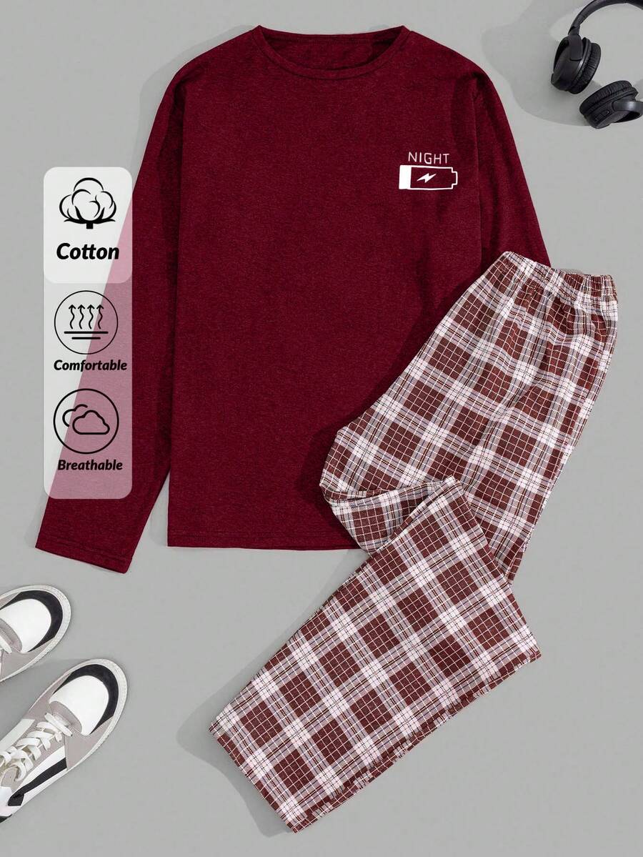 EURMUSE Men Letter Printed Long Sleeve Regular T-Shirt And Pants Loungewear Set - Red - View 1