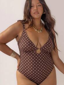 Aralina Traje de baño de una pieza con detalles de tela texturizada para mujer, perfecto para atuendos de playa y de verano - Marrón Chocolate - Ver 5