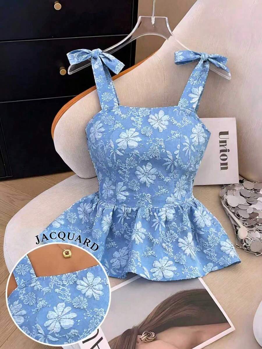 Elenzga Camiseta sin espalda con diseño de tirantes con lazo y dobladillo de peplum de jacquard para mujer en verano - Azul - Ver 1