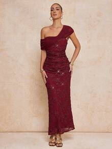 Lumalex Spring/Summer New Burgundy & Purple Sequin Mesh Splice Ruched Asymmetric Shoulder Flattering Long Dress - Burgundy - View 3