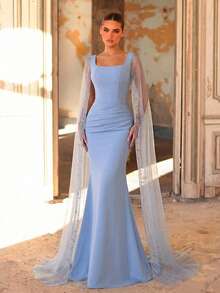 Aureia 优雅蓝色弹力针织方领高腰显瘦网纱透视超长喇叭袖奢华水钻装饰鱼尾长裙，适合婚礼、单身派对、约会、度假等场合。 - 霧霾藍 - 查看 7