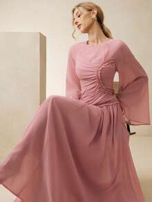 Anewsta High-Quality Fashionable Elegant French Pleated Waist Dress, Niche Design Flare Sleeve Round Neck Formal Gown, Commuting & Party Graceful Dress - Dusty Pink - View 6