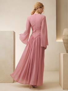 Anewsta High-Quality Fashionable Elegant French Pleated Waist Dress, Niche Design Flare Sleeve Round Neck Formal Gown, Commuting & Party Graceful Dress - Dusty Pink - View 7