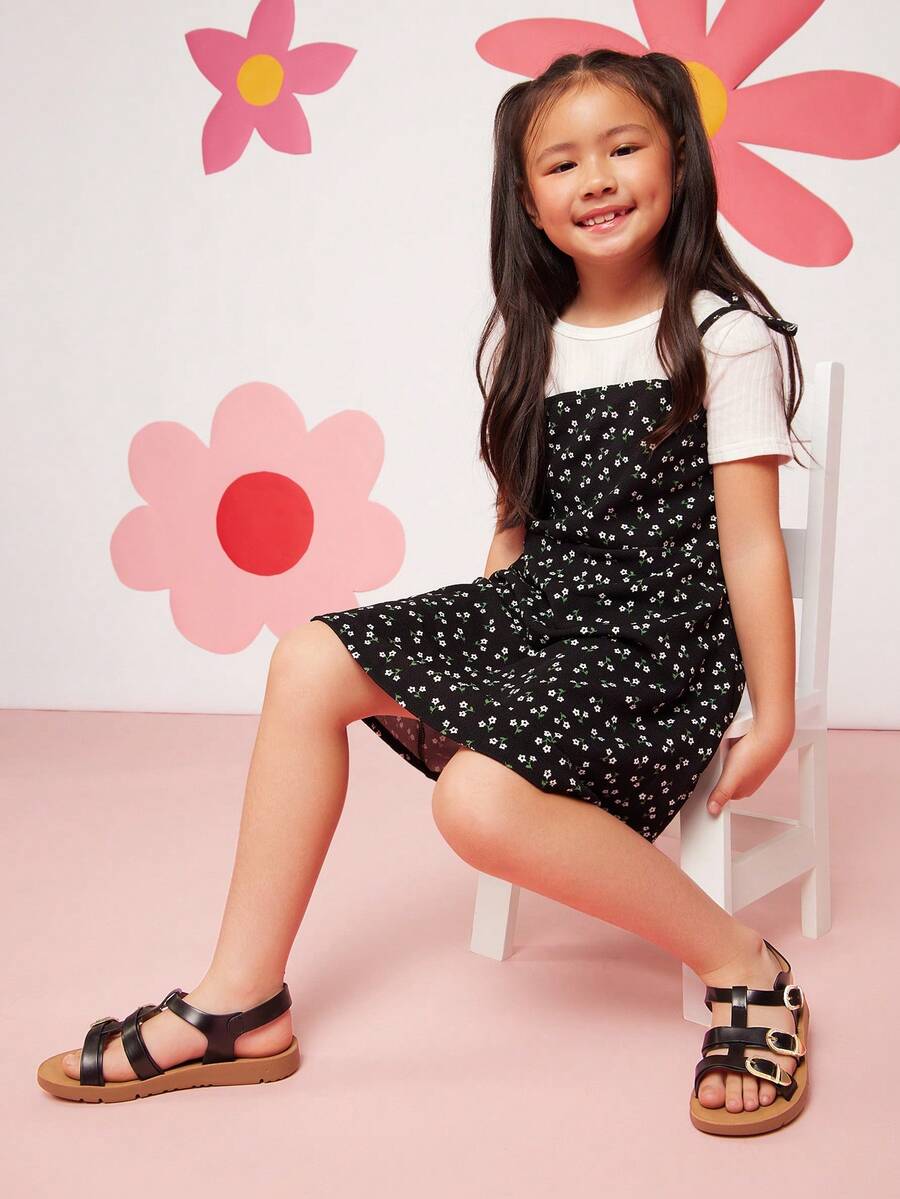 Mini mi #ModernRoman 儿童三扣优质纯素皮革黑色T字带平底凉鞋 – 安全、时尚、舒适 - 黑色 - 查看 1