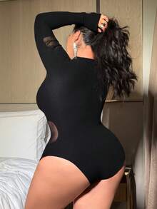NU&NOW Plus Size Women Sexy Mesh Patchwork Long Sleeve Bodysuit - Black - View 6