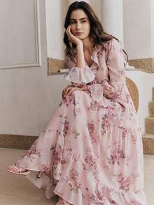 Anewsta 新款春夏浪漫飘逸深V领荷叶边下摆印花长裙 - 淺粉色 - 查看 1