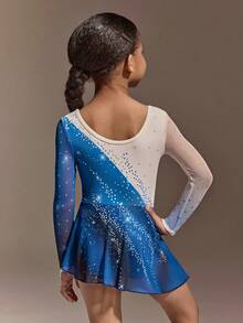 女童印花体操服连衣裙，色彩鲜艳闪亮长袖网纱拼接舞蹈服连衣裙，柔软弹力面料，适合体操、芭蕾舞、瑜伽 - 藍色 - 查看 2