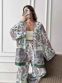 EURMUSE Printed High Waist Two Pieces Set – Long Sleeve Kimono Top & Wide Leg Pants - Multicolor - View 6