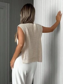 SHEIN Tall SHEN Tall Size Pearl Detailed Rib-Knit Sweater Vest Chic Top Sweater Top - Apricot - View 2