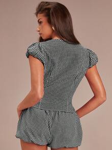 Athîral Women's Casual Plaid Ruched Waist Blouse, Summer - Black and White - View 5