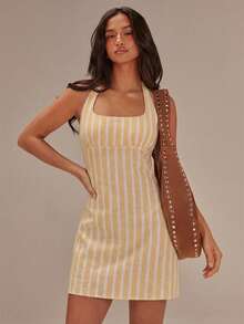 Athîral Women's Striped Halter Casual Mini Dress - Yellow - View 1