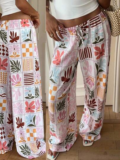 Aloruh Women's Fall Floral Print Tie Waist Wide Leg Pants, Vacation Wear Summer Beach Vacation Vacation Vacation Vacation Outfits Women Holiday Outfits For Women  Summer Holiday Outfits Vacation  Vacation Outfits For Women      Summer Vacation Outfits  Beach Vacation Outfits For Women