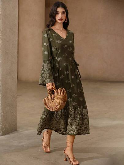 Rafferiza 女士佩斯利印花荷叶袖连衣裙，穆斯林风格连衣裙，优雅长裙，休闲日常V领长裙