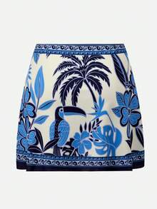 Swim Oasis Bộ đồ bơi liền thân kèm váy in họa tiết hoa và chim nhiệt đới dành cho nữ, kiểu cổ yếm, thích hợp cho kỳ nghỉ biển. - Xanh và trắng - Xem 8