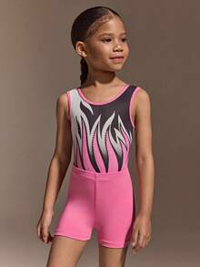 Leotardo de gimnasia con estampado floral para niñas pequeñas, falda de baile brillante sin mangas, conjunto de actuación colorido y de moda para niños pequeños, tela suave y elástica adecuada para gimnasia, ballet, yoga - Rosa - Ver 5