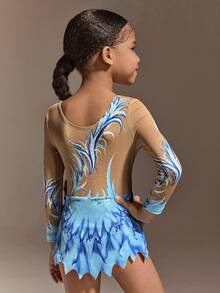 Áo liền quần thể dục dụng cụ cổ tròn màu xanh dương cho bé gái, áo liền quần thể dục dụng cụ tay dài màu xanh dương và trắng cơ bản, cổ tròn đính đá, chất liệu vải dệt kim co giãn, trang phục tập luyện thoải mái. - màu đen - Xem 2