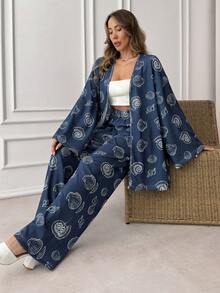 EURMUSE 印花高腰两件套——长袖和服上衣和阔腿裤 - 藏蓝色 - 查看 5