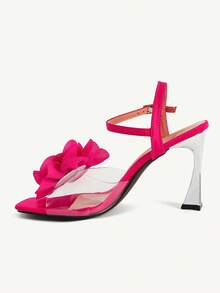 CUCCOO CHICEST Sandálias femininas elegantes de salto alto com bico quadrado, decoração floral 3D e fivela. - Rosa Quente - Ver 5