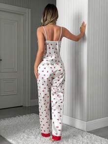 SHEIN Women 2 Pcs Sateen Contrast Colour Lace Detail With Cherry Pattern Top&Long Pants Homewear Comfort Pajama Set - White - View 2