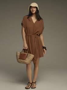 COSMINA Women's V-Neck Sleeveless Dress With Tie Waist, Linen Fabric Wrap Short Dress In Pastal, Summer Casual Sexy Vacation Holiday Beach Golf Weekend Outfit - Brown - View 3