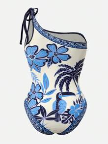 Swim Oasis Bộ đồ bơi liền thân kèm váy in họa tiết hoa và chim nhiệt đới dành cho nữ, kiểu cổ yếm, thích hợp cho kỳ nghỉ biển. - Xanh và trắng - Xem 6