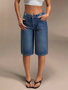 SHEIN Low Waist Washed Denim Jort - Medium Wash - View 5