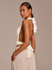 COSMINA Deep V-Neck Halter Top,White Summer Elegant Vacation Top,Waist Ruched Detail,Metal Buckle Accent,Open Back Design,Striped Texture Fabric,Apricot - Apricot - View 3