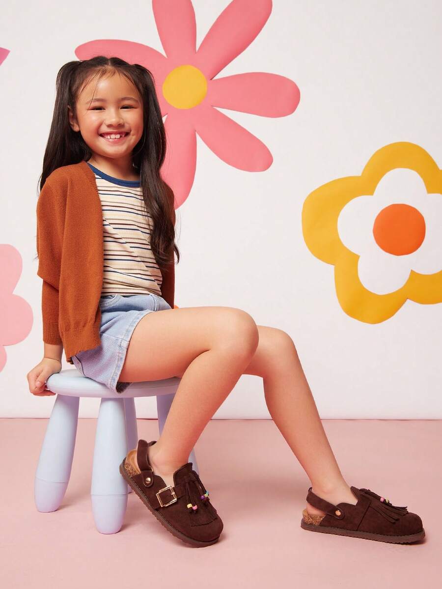 Mini mi #SweetPrincess Girl's Tassel & Bead Decor Soft-Footbed Suede Coffee Slingback Clog With Lightweight EVA Outsole – Cute, Cozy & Comfortable - Brown - View 1