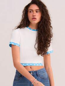 Athîral Women's Casual Polka Dot Patchwork T-Shirt - Blue and White - View 1