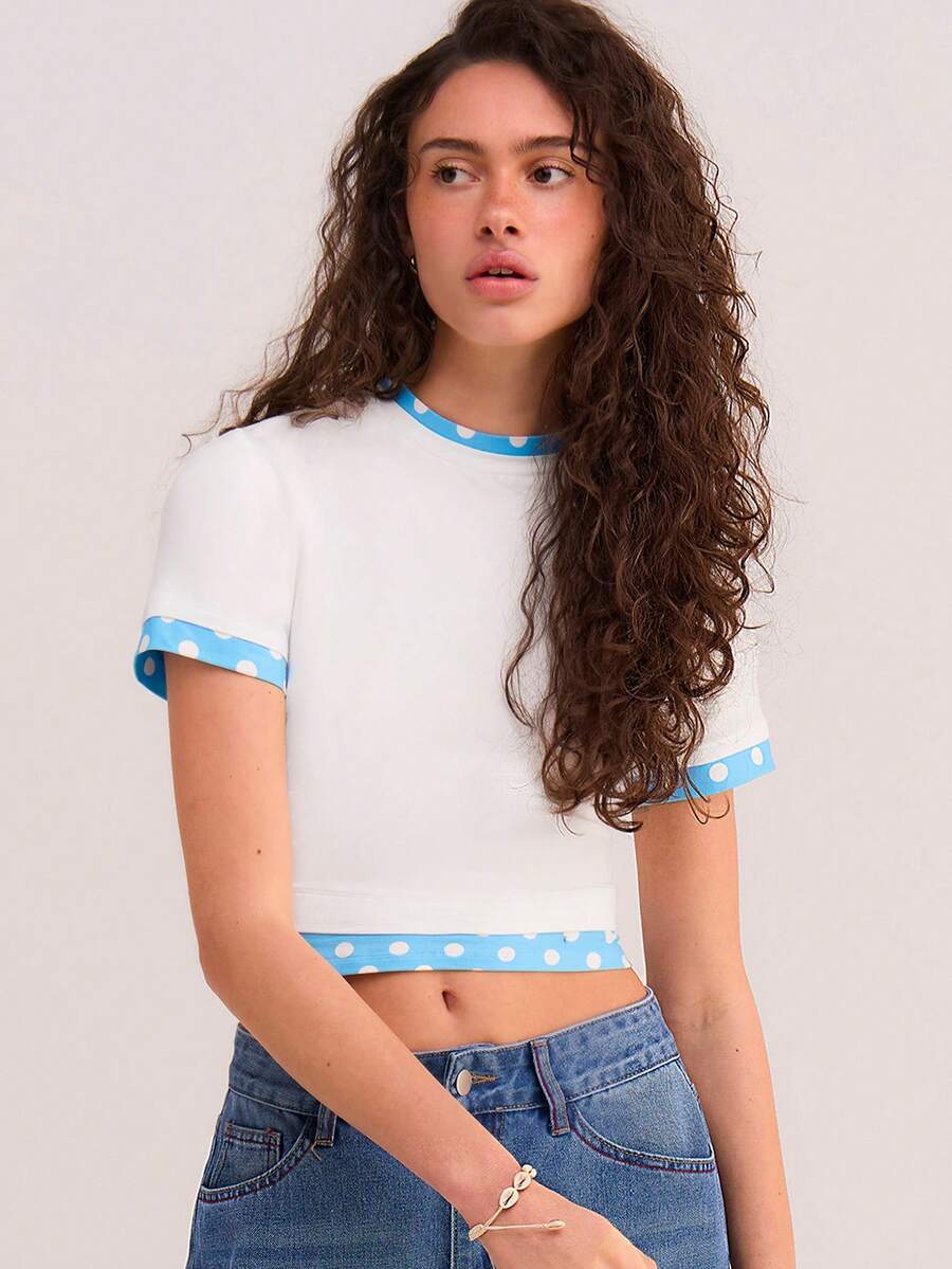 Athîral Women's Casual Polka Dot Patchwork T-Shirt - Blue and White - View 1