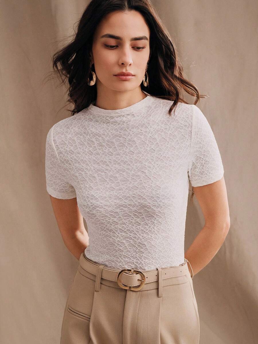 Anewsta Elegante camiseta de manga corta con cuello alto, textura acanalada y corte ajustado en color albaricoque para mujer - Beis - Ver 1