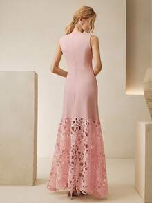 Anewsta Đầm maxi dáng chữ A không tay, cổ thuyền, màu hồng nhạt mới cho mùa xuân và hè, chất liệu ren thêu tan trong nước, trang phục dự tiệc thanh lịch dành cho phụ nữ. - Hồng - Xem 7