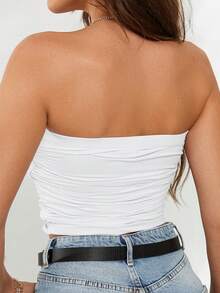 SHEIN Plus Size Women Solid Color Ruched Tube Top Tube Top With Bra Strapless Shirts Ruched Top - White - View 2