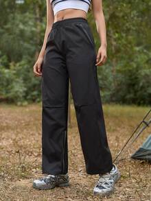 SHEIN In My Nature Women's Zipper Pocket Straight Loose Hiking Pants - Black - View 3