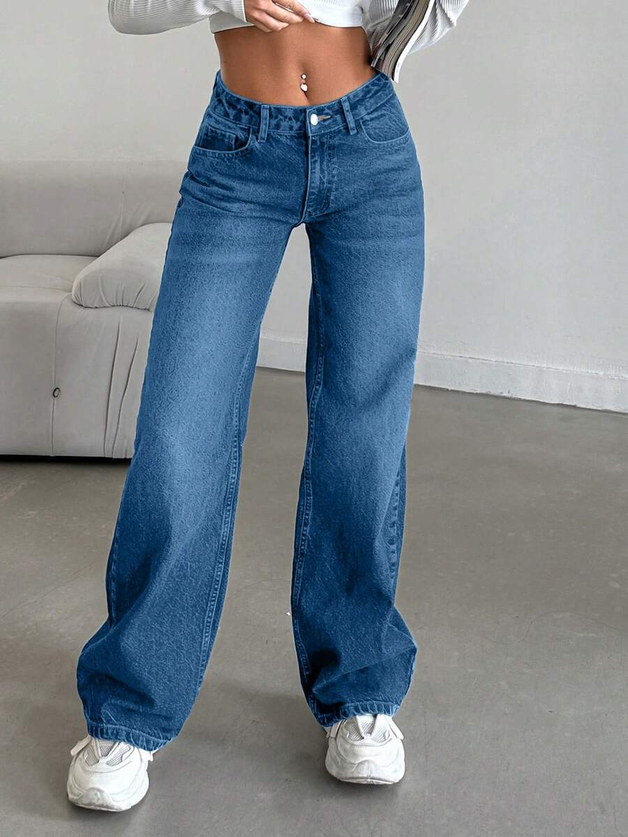 Women's Casual Washed Low-Waist Wide-Leg Jeans - Blue - View 1