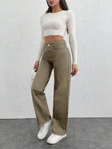 EURMUSE 女士休闲百搭通勤牛仔裤，带口袋和纽扣 - 米色 - 查看 3