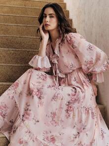 Anewsta 新款春夏浪漫飘逸深V领荷叶边下摆印花长裙 - 淺粉色 - 查看 6