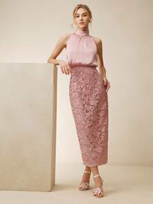 Anewsta Elegant Contrast Lace Halter Neck Dress For Women, Spring/Summer - Pink - View 6