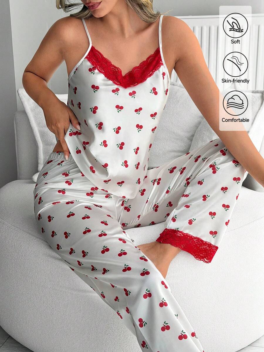 SHEIN Women 2 Pcs Sateen Contrast Colour Lace Detail With Cherry Pattern Top&Long Pants Homewear Comfort Pajama Set - White - View 1