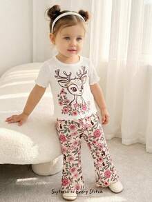 Cozy Pixies 2件套女婴卡通动物印花针织柔软圆领短袖上衣和松紧腰裤套装 - 白色 - 查看 9