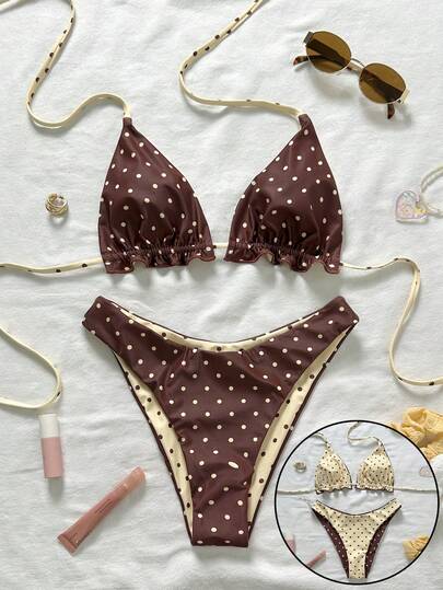 Swim Mod Kadınlar için Tatil Plajı Şık Zarif Günlük Kahverengi Puantiyeli Bej Puantiyeli Askılı Bikini İki Parça Mayo, İlkbahar, Yaz, Sevgililer Günü, Bahar Festivali için Uygundur