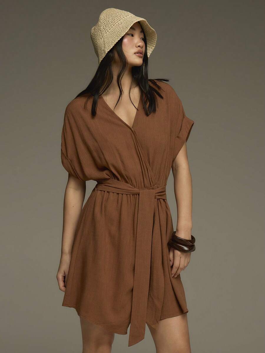 COSMINA Women's V-Neck Sleeveless Dress With Tie Waist, Linen Fabric Wrap Short Dress In Pastal, Summer Casual Sexy Vacation Holiday Beach Golf Weekend Outfit - Brown - View 1
