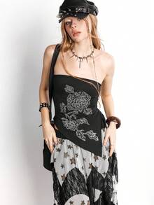 Bloopia 女士针织玫瑰水钻装饰复古性感露脐吊带背心，抽绳不对称修身背心 - 黑色 - 查看 3