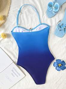 SHEIN Tween Girl Mermaid Baby Blue Gradient Metal Starfish Deco Halter One-Piece Swimwear,Cute Summer Beach Holiday Outfit,Textured Cut Out Bathing Suit - Blue - View 2