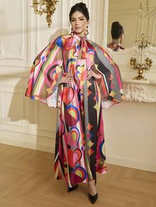 LOTSLUV 印度情人节女士款，心形抽象印花半透明雪纺印花长裙配披肩 - 彩色 - 查看 4